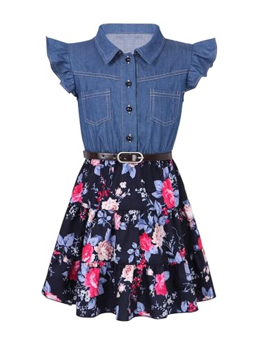 Kids Girls Summer Casual Dress Denim Tops Jean Flower Girl Dress Ruffle Short Sleeve Beach Party Gown