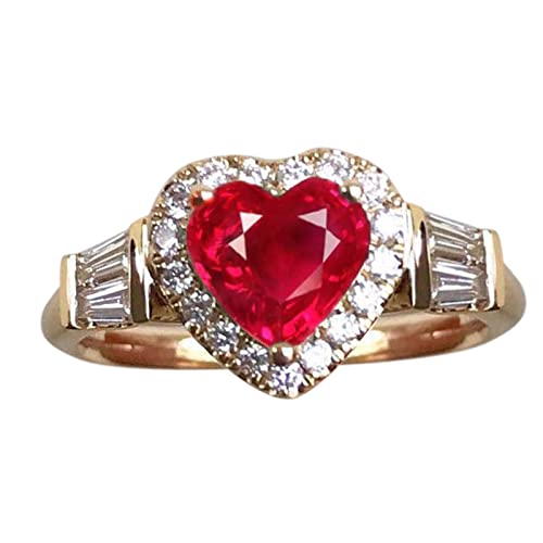 Women Heart Shped Diamond Ring Inlaid Zircon Engagement Ring Bride Wedding Band Delicate Party Jewelry (Red, 7)