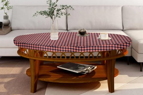 Image of The Furnishing Tree Elastic Oval Center Table Cover WxL 16x48 in Inches Polyester Checkered Pattern Beige