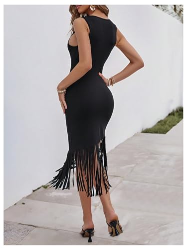 SweatyRocks Women's Fringe Bodycon Midi Dresses Crew Neck Sleeveless Going Out Slim Fit Sundress2