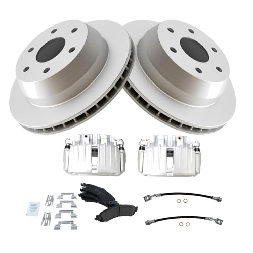 Image of TRQ Rear Brake Pad and Rotor Set Ceramic G Coated Rotors Calipers Compatible with 2002-2006 Cadillac Escalade ESV EXT 2000-2006 Chevrolet Avalanche 1500 Suburban 1500 Tahoe GMC Yukon Yukon XL 1500