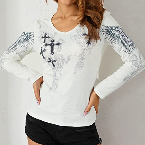 Women's Y2k Goth Grunge Tops Tees Shirts Long Sleeve Teen Girls Vintage Emo Aesthetic Clothes Outfits 2000s2