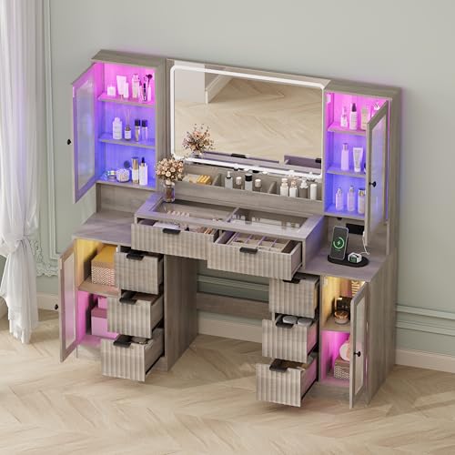 Image of Fluted Makeup Vanity Desk with Mirror and Lights, 55 inch Glass Top Vanity with 8 Drawers & 4 RGB Glass Cabinets, Adjustable Shelves & Power Outlet, Modern Dressing Table Set for Women Girls Bedroom