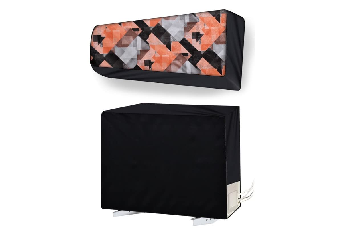 Stylista split ac cover set of indoor and outdoor unit Compatible for 1 Ton VOLTAS ZZY-IMR Checkered Pattern Orange