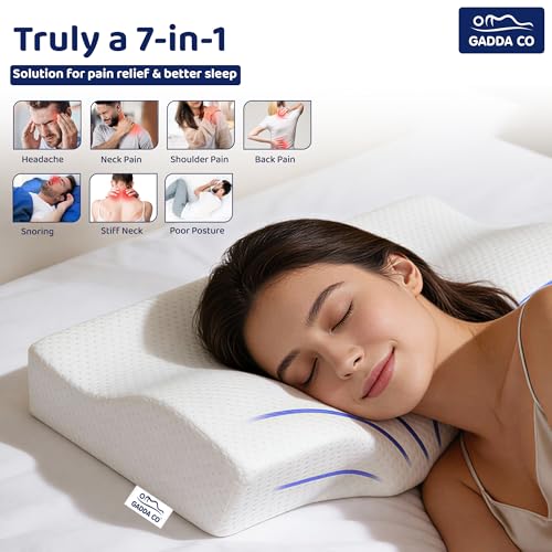 Image of GADDA CO Cervical Pillow for Neck & Shoulder Pain - Orthopedic Memory Foam Neck Support Pillow for Sleeping, Contour & Side Sleeper, Spondylitis Relief, Anti-Snoring - 20x12x2.5 Inch, White, Pack of 2