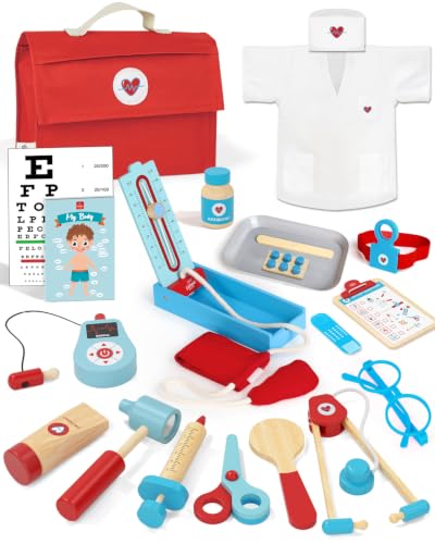 Lehoo Castle Doctor Kit for Kids Wooden Pretend Play Medical Set with Doctors Costume Educational Role Play Toys for 3-8 Year Old Boys Girls Birthday Gift (Red)