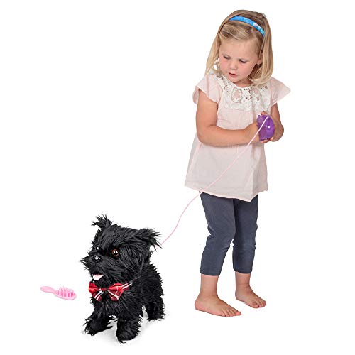 Tobar Animigos 28779 Scurrying Scotty, süßer schwarzer Plüschhund, Terrier mit roter Fliege, ca. 22 cm groß, kann laufen und bellen, mit Bürste und Leine, für Kinder ab 18 Monaten
