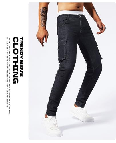 Jeans Pants Trousers Denim Stretch Slim Fit Workwear with Multiple Pockets Trendy Street Casual Tapered Small Leg for Men4