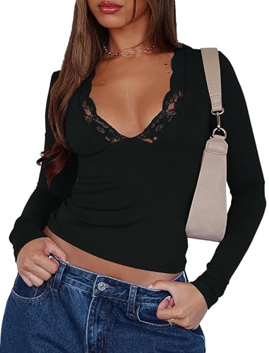 Womens Long Sleeve Tops Going Out V Neck Crop Sexy Lace Mesh Slim Fitted Shirts Cute Y2K Fall Trendy 2025