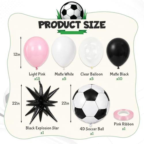 Image of Light Pink and White Soccer Balloons, 12 Inch Pastel Pink and Black Clear Soccer Balloons with 22 In Soccer Ball & Black Star Foil Balloon for Game Day Sports Football Theme Birthday Party Decorations