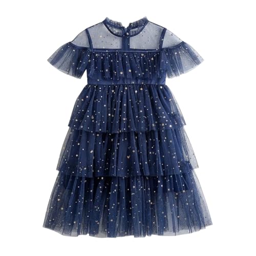 Vestido de niña con volantes lentejuelas de estrellas y luna en tul para fiesta de princesa