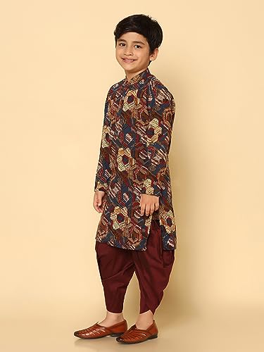 Image of KISAH Kid's Full Sleeves Cotton Blend Knee Length Printed Maroon Kurta Dhoti Set (7-8Y)