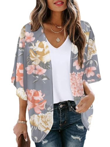 Image of Chunoy Women Floral Beach Wear Cover Up Chiffon Kimono Cardigan Open Front Blouse Top