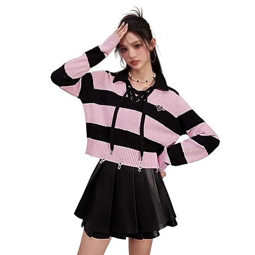 Black and Pink Striped Sweater, Trendy Lapel Tie Sweater, Vintage Top