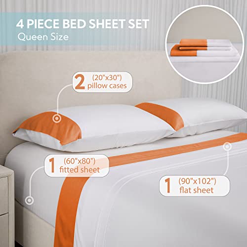 Mildly Cooling Sheets Set, 100% Rayon Made From Bamboo, 4-Piece Queen Luxury Silky Soft Hotel Bed Sheets, 16 Inch Deep Pockets, Breathable Bedding Sheet & Pillowcase Sets, White And Orange #TOP2