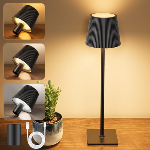 YICAIZI Lampara de Mesa LED Inalámbrica Lámpara de Mesa bateria Recargable con Tapón de Vino y USB-C, Lamparas Mesita Regulable para Restaurante, Dormitorio, Camping, Salon, Negro