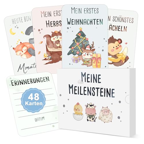 Marveligths Meilensteinkarten Baby, 48 Meilenstein Karten Set, Geschenke zur Geburt, Taufe oder Babyparty, Geschenk für Jungen & Mädchen, Baby Erstausstattung Neugeborene, Baby Geschenk