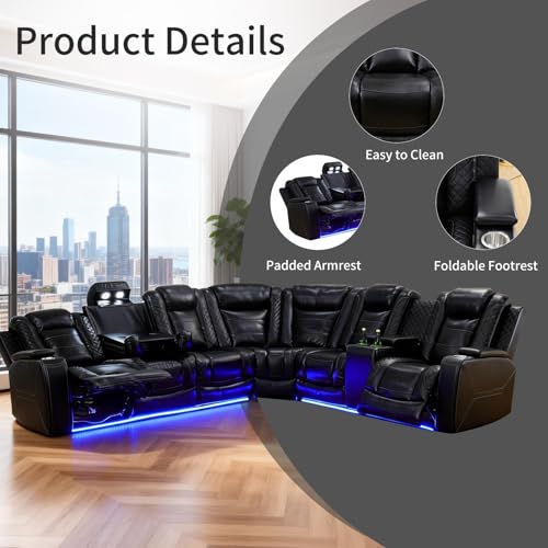 Image of Power Reclining Sectional Sofa for Living Room,Modern L-Shaped Black Air Leather Sectional Couch Set,Recliner Sofa Set,with LED Lights,Cup Holder,Storage,Charging Ports,Home Theater Seat