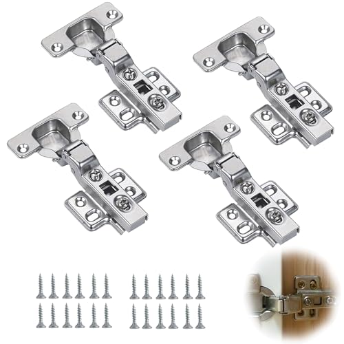 4 Pcs Kitchen Cupboard Hinges with Screws, Kitchen Cabinet Hinges, Snap Close Hinge, Full Overlay Mute Door Hinge, Door Cupboard ConcealedHinge for Bathroom Bedroom Dining Room Cabinet