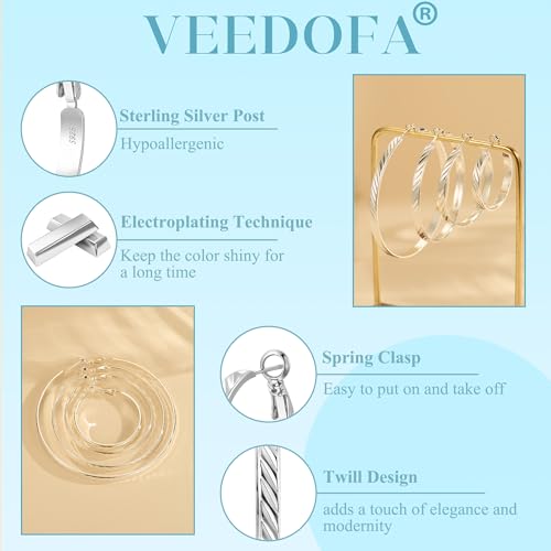 Twill Gold Silver Hoop Earrings for Women, Hypoallergenic 14K Gold Plated Hoops, Lightweight 925 Sterling Silver Post Big Earrings for Women Jewelry Gifts 30/40/50/60MM3