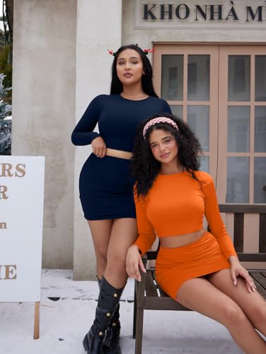 Image of LAGSHIAN Women Sexy 2 Piece Outfits Long Sleeve Crop Top Bodycon Mini Skirt Club Suits Dress