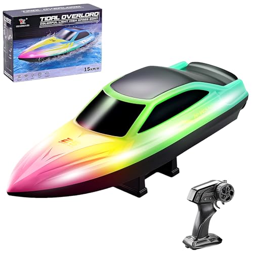 OBEST Barco teledirigido con luz LED para niños, 2,4 GHz, alta velocidad, barco de carreras RC para lagos, piscinas, estanques, juguetes de agua regalo para niños y niñas