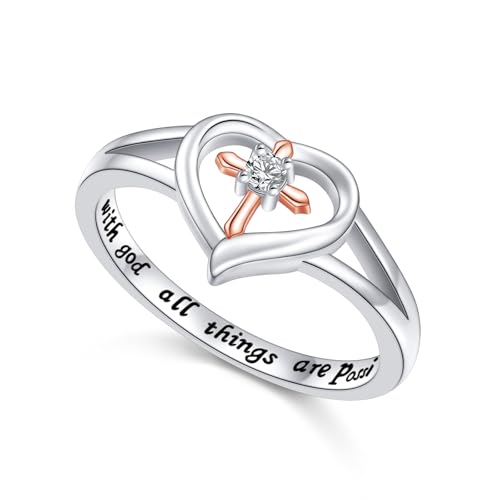 Alphm S925 Sterling Silver Heart Cross Inspirational Faith Bible Verse Christian Rings for Women Jewelry Teen