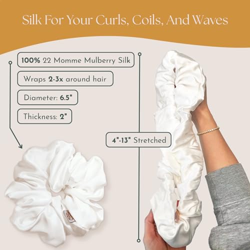 Image of Silk Scrunchies for Women Ponytail Holders - Oversized Mulberry Silk Scrunchies - Extra Large No Damage Hair Ties for Curly, Thick, and Thin - Hair Accessories for Women - White, XL By Curlfriend