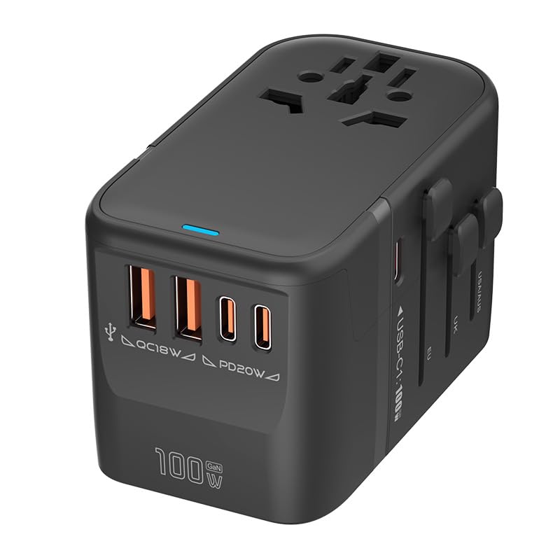 100W GaN Universal Travel Adapter International Power Adapter with 5 USB(3 USB C) Charging Ports European Travel Plug Worldwide for US to Europe UK EU AU (Type C/G/A/I) Outlet Wall Charger