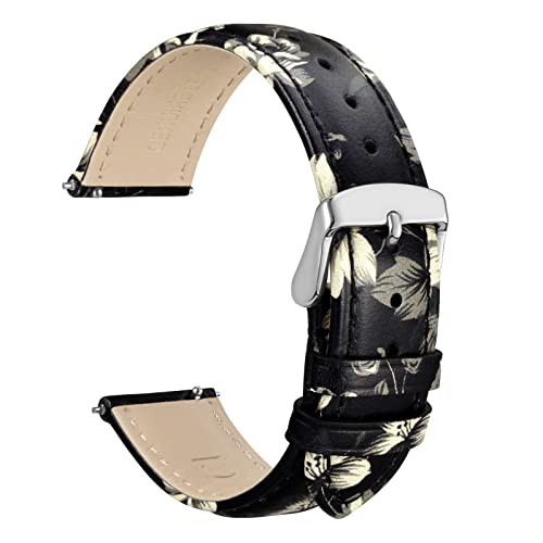 WOCCI 22mm Fleurs Bracelet de Montre pour Femme, Cuir Véritable, Bande à Dégagement Rapide, Boucle Argentée (Encre Fleurs)