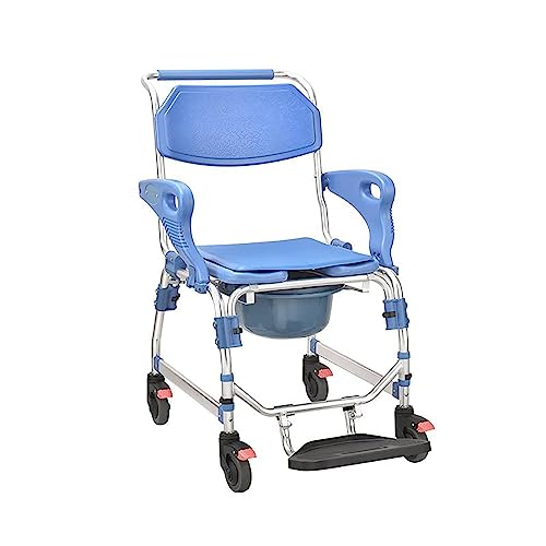 Silla con ruedas, silla de ducha plegable para ancianos, cómoda de noche móvil con cojín de esponja y pedal para personas con discapacidad
