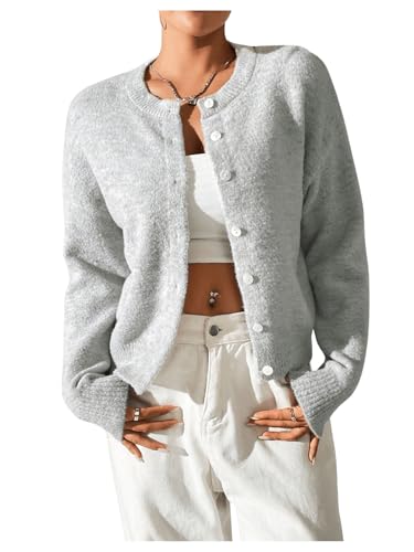 SweatyRocks Women's Button Up Crew Neck Cardigan Long Sleeve Knitted Sweater Outwear