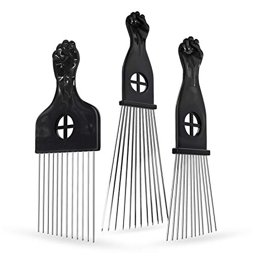 Púas de pelo Afro, paquete de 3 púas de pelo de metal, para peinar el cabello largo y rizado, pelo grueso, pelo grueso, barba, puño, peine para mujeres y hombres Cover