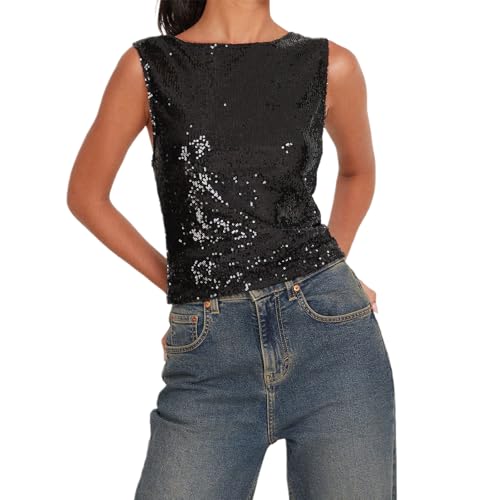 Women's Shine Sequin Tank Tops Sleeveless Crew Neck Glitter Slim Fit Vest Y2K Tops for Club Party (Black, L)