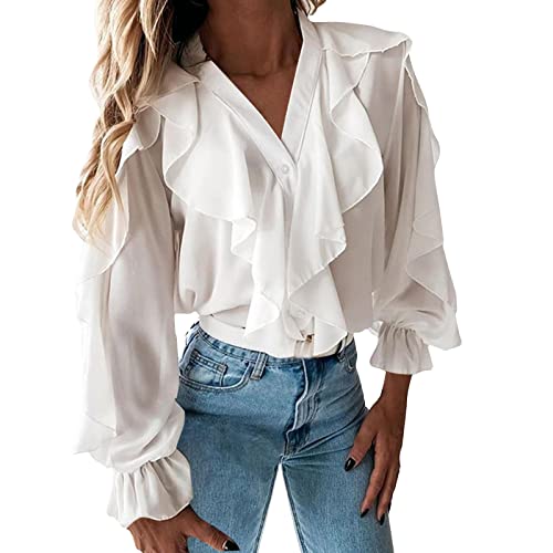 Color sólido con volantes con cuello en V, blusa elegante con mangas abullonadas para mujer Camisa informal para mujer, Blanco, XXL