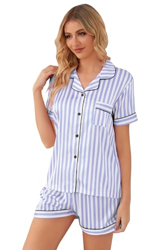 Image of Schbbbta Women Pajamas Set, 2 Pieces Satin Silk Button Down Pjs Short Sleeve Outfits Loungewear