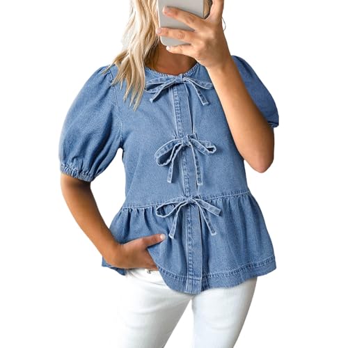 Generisch Blusa vaquera con cordones para mujer, vestido de muñeca, camisa vaquera con mangas con volantes, cuello redondo, camisa informal con pajarita, azul claro, XL