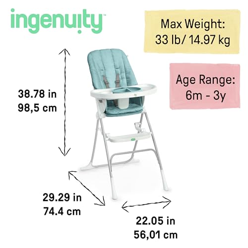 Image of Ingenuity Sun Valley Compact Folding Baby High Chair, Food-Grade Safe Plate, 5-Point Harness, for Ages 6 Months and Up, Unisex - Teal