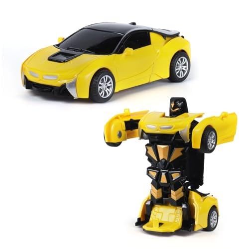 Transforming Robot Car Toy for Kids| Crash to Transform Robot Car| Friction Powered Push & Go Action| No Batteries Needed| Durable ABS Plastic Toy for Boys & Girls|Yellow