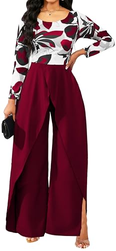 Overlay Red Floral Jumpsuit for Women Sexy Elegant Long Sleeve Long Split Lightweight Pants Cocktail Rompers Dressy (X-Large)