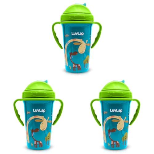 Image of LuvLap Tiny Giffy Sipper for Infant /Toddler & Kids 300ml, Anti-Spill Sippy Cup with Soft Silicone Straw BPA Free, 1 Year+ (Green) (Pack of 3)