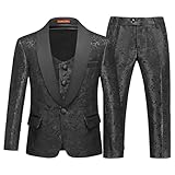 Lamgool Boys Suit 3 Pieces Slim Fit Tuxedo Formal Set Size 10 with Black Floral Jacquard Jacket Pant Vest for Kids Prom Wedding Party