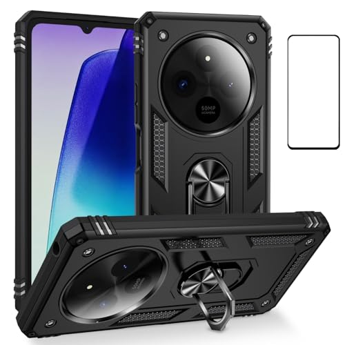 WVOZWWO for Xiaomi Redmi 14C 4G Case with Screen Protector,Redmi 14C 4G LTE Case Kickstand Slim Military Protection Shockproof Armor Defender Protective Back Cover Phone Case for Redmi 14C 4G (Black)