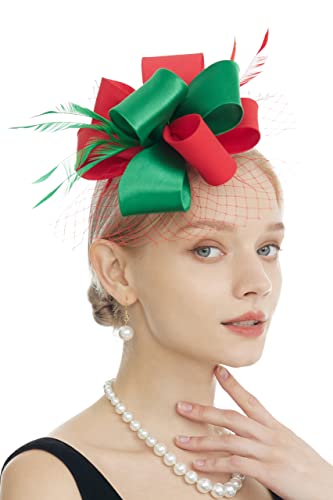 Myjoyday Women's Fascinators Hat For Tea Party Church Cocktail, Feathers Veil Headband With Hair Clip (Red & Green) #TOP3