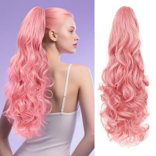 Image of 24 inch Ponytail Extension, Long Curly Wavy Claw Clip and Natural-Looking Synthetic Hairpiece, Voluminous Pony TailHair Extensions for Women Daily Wear. (Pink, 24Inch)
