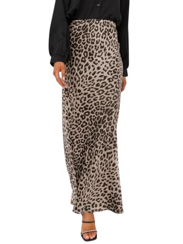 ebossy Women's Elegant Leopard Print Long Satin Skirt Silk Dressy Hidden Elastic Waist Flared A-Line Maxi Skirts