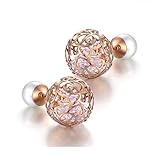 Double Sided Front Back Ball Stud Earrings Womens Fashion Pierced Pearl Clear Crystal Hollow Out Balls Double Sided studs for Women Ladies, Rose gold Plated