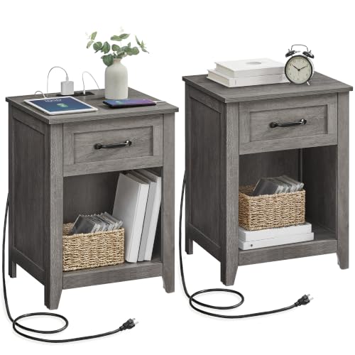 VASAGLE LIRY Collection - Farmhouse Nightstands with Charging Station Set of 2 Bedside Tables Side Tables with Drawer Open Compartment for Bedroom Misty Gray ULET859G01