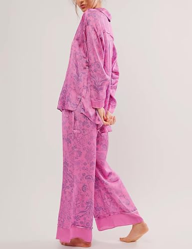 Image of Yimoon Satin Pajama Set for Women Silk Pajamas Set 2 Piece Floral Cute Pj Set Long Sleeve Pjs Sleepwear