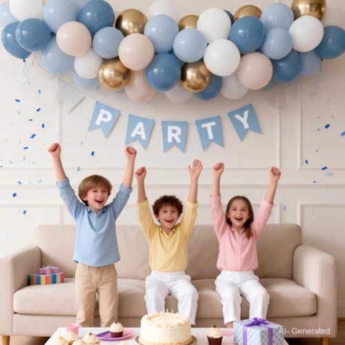 Image of Dusty Blue and Gold Balloons, Light Blue White Sand, Latex, Party Decor | 50 Pcs 12 In, Dusty Blue Gold Balloons, for Gender Reveal Birthday Graduations Weddings Bridal Shower Party Decorations
